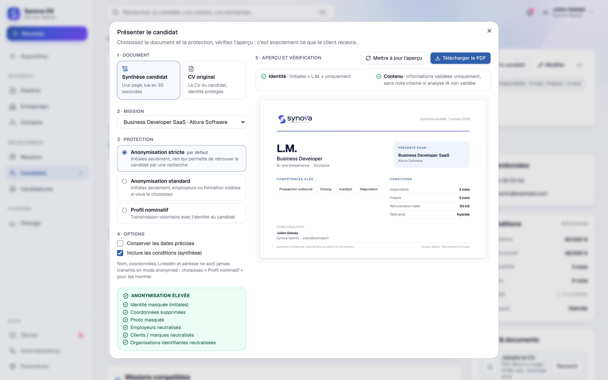 Préparation d’une synthèse candidat anonymisée dans Synova OS (données fictives)